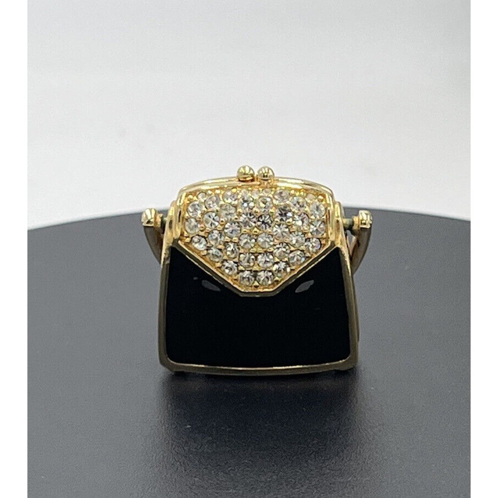 Swarovski Crystal‎ Black Enamel Purse Locket Pendant Swan Signed